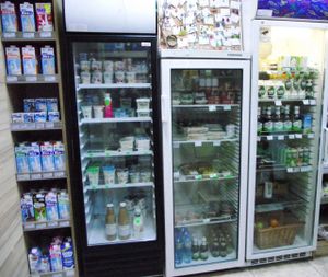 At the fridge: vegetarian products(yogurt,cheese) and vegan foods hummus,seitan,tempeh and drinks  at Zelen Bio in Sofia