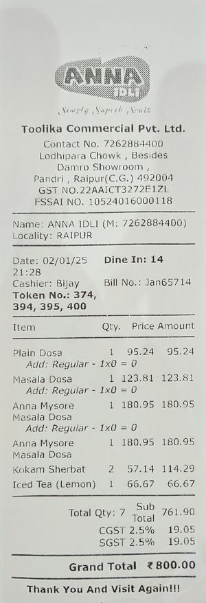  at Anna Idli in Raipur