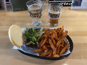 Garbo burger and sweet potato fries  at The Burger Stand at the Casbah in Lawrence