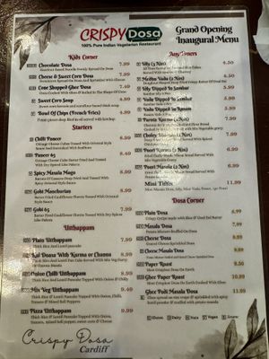 Menu  at Crispy Dosa in Cardiff