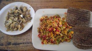 Tofu scramble (healthy breakfast) and fried mushrooms at The Dreaming Tree in Tiruvannamalai