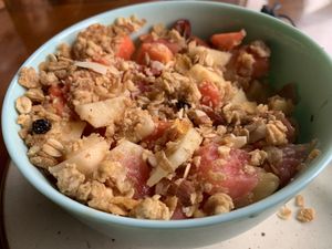 Granola with almond mil. Nice but would have been better without pineapple    at The Dreaming Tree in Tiruvannamalai