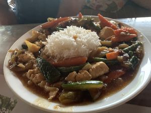 Stir fry with rice  at The Dreaming Tree in Tiruvannamalai