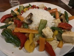 Asian stir fry with basmati rice  at The Dreaming Tree in Tiruvannamalai