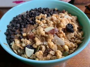 Chocolate smoothie bowl. Not my fave    at The Dreaming Tree in Tiruvannamalai