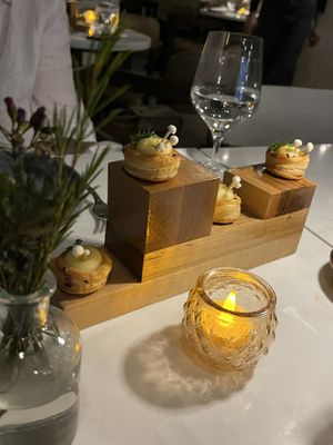 Parsnip Truffle Vol-au-vent. Such a fun presentation with the little tray and the enoki mushrooms. Wonderful umami flavor    at Reverie Restaurant and Cocktail Bar in Brooklyn