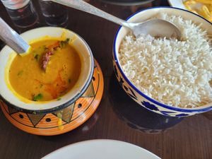 Yellow daal and plain rice at The Sitting Elephant in Rishikesh