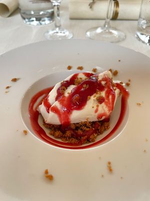 olive oil gelato with dark chocolate crumble and berry sauce (vegan) at Agriosteria del Frantoio in Scandicci