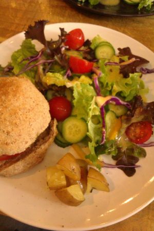 Black bean burger and salad.  at Light Radiant Food in Hong Kong Island