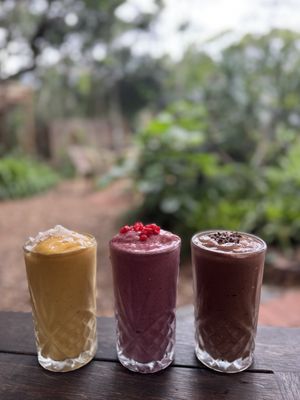 Smoothie trio -
💛Point Plomer - 🥭🍌🥥
🩷Delicate Nobby - 🫐🍓🍌
🤎Racecourse - 🍫 🍌  at Swell Nourished Cafe  in Crescent Head
