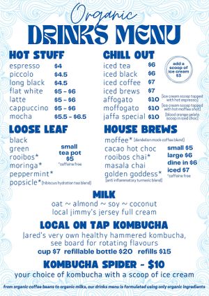 Drinks menu 🌊  at Swell Nourished Cafe  in Crescent Head