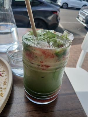 Strawberry oat matcha at Gather & Grounds Cafe  in Glenelg