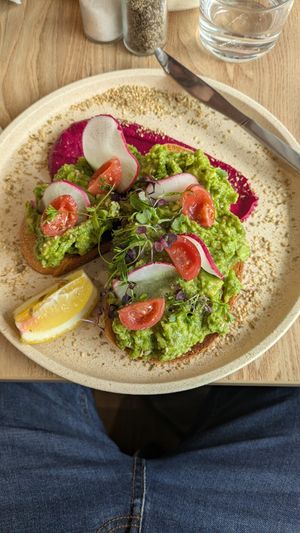 Smashed avo at Gather & Grounds Cafe  in Glenelg