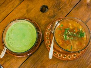Broccoli Soup and Veggie Soup  at Vegetariano Mar y Tierra in Tulum