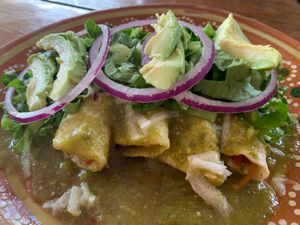 Enchiladas verde (vegan) - good but not enough sauce.  at Vegetariano Mar y Tierra in Tulum