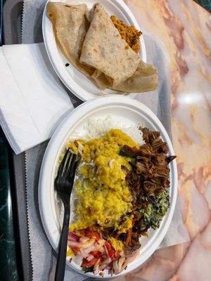 Custom made plate by lovely owners, rice and veggies and pseudo meat (jackfruit) and flatbread  at New Asha Sri Lanka Restaurant in Staten Island