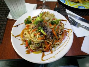 A chefs challenge. Spaghetti and garlic. The rest is his invention. Vegan Good! at Ocean Park Cafe in San Juan