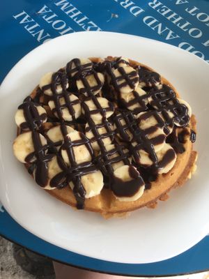 Vegan waffle with bananas and chocolate frosting  at Ice Queen Gelato in Athens