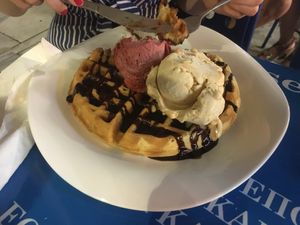 Vegan waffle with chocolate frosting and ice cream at Ice Queen Gelato in Athens