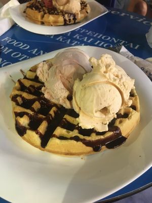 Vegan waffle with chocolate frosting and ice cream  at Ice Queen Gelato in Athens