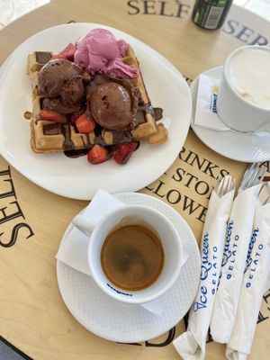 Vegan waffle with vegan chocolate and vegan pomegranate ice cream. Unbelievable flavors! Soy latte on the side    at Ice Queen Gelato in Athens