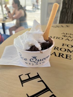 Lemon and dark chocolate vegan gelato scoops  at Ice Queen Gelato in Athens