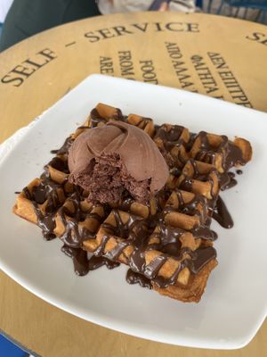 Vegan waffle with dark chocolate gelato  at Ice Queen Gelato in Athens