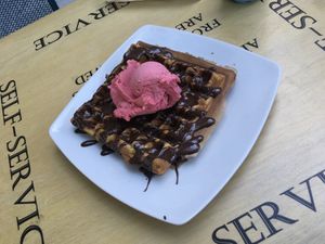 Vegan waffle with praline and raspberry ice cream  at Ice Queen Gelato in Athens