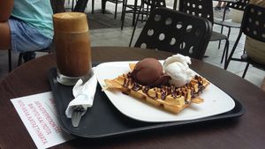 Vegan waffle with vegan chocolate and coconut gelato and a soya frappe. YUM! at Ice Queen Gelato in Athens