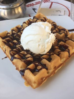 Vegan waffle w/ choco sauce and gelato at Ice Queen Gelato in Athens