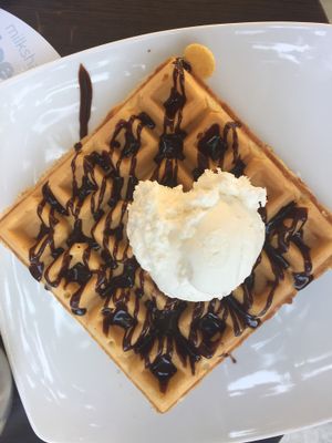 Vegan waffle w/ choco sauce and gelato at Ice Queen Gelato in Athens