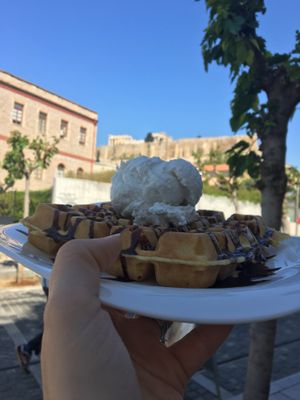 Waffle with a view  at Ice Queen Gelato in Athens