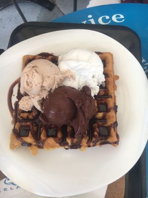 Dark chocolate, hazelnut, coconut and vegan waffle with vegan Nutella  at Ice Queen Gelato in Athens