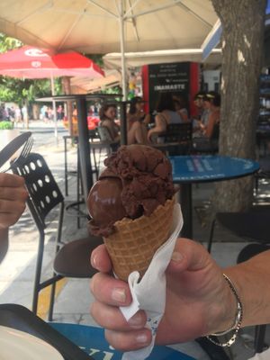 dark chocolate ice cream with a non vegan waffle  at Ice Queen Gelato in Athens