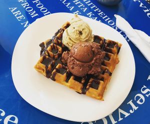 Vegan waffle with pistachio and chocolate ice cream  at Ice Queen Gelato in Athens