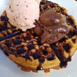 Waffle with vegan ice cream at Ice Queen Gelato in Athens