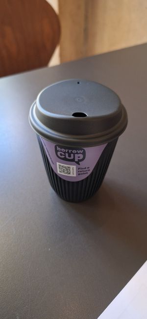 Borrow cup, return when finished for money back at KG Coffee Shop - Kelvingrove Art Gallery and Museum in Glasgow