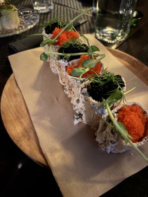 the starter with vegan caviar  at ÖUR in Stockholm