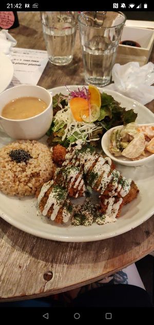 Dinner set with soy meat at Paprika Shokudo Vegan in Osaka