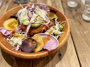 Locomoco bowl with vegan cheese  at Paprika Shokudo Vegan in Osaka