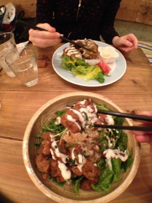 Closest : Karaage donburi (delicious ! ) 
2nd plan : Deep-fried oysters made of mushrooms and tofu.(with fresh lemon juice) Surprising and tasted great at Paprika Shokudo Vegan in Osaka