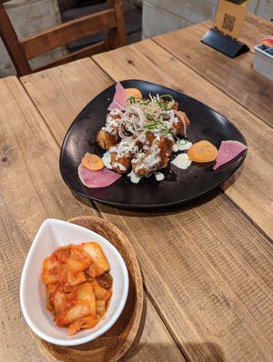 Soy karaage and kimchi at Paprika Shokudo Vegan in Osaka