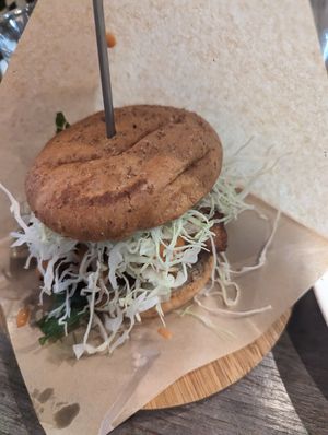 Vegan hamburger at Paprika Shokudo Vegan in Osaka