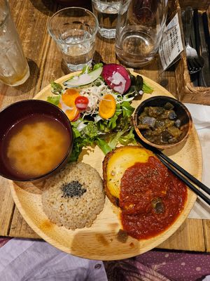 Menu with cheese burger steak at Paprika Shokudo Vegan in Osaka