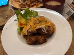 Karaage soy meat ('chicken’) with soy cheese. Yum!  at Paprika Shokudo Vegan in Osaka