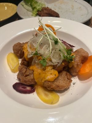 Soy meat (“chicken”) with soy cheese sauce. Outstanding!!  at Paprika Shokudo Vegan in Osaka