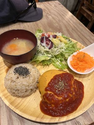 Hamburger set meal  at Paprika Shokudo Vegan in Osaka