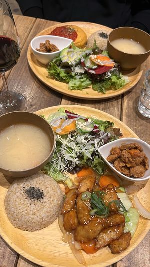 Stir fried veggies & tempeh teriyaki meal + vegan cheeseburger set meal  at Paprika Shokudo Vegan in Osaka