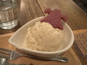 Soy ice cream with Halloween ghost biscuit   at Paprika Shokudo Vegan in Osaka