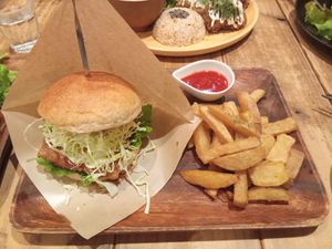 Tempeh Teriyaki Burger And Fries. at Paprika Shokudo Vegan in Osaka